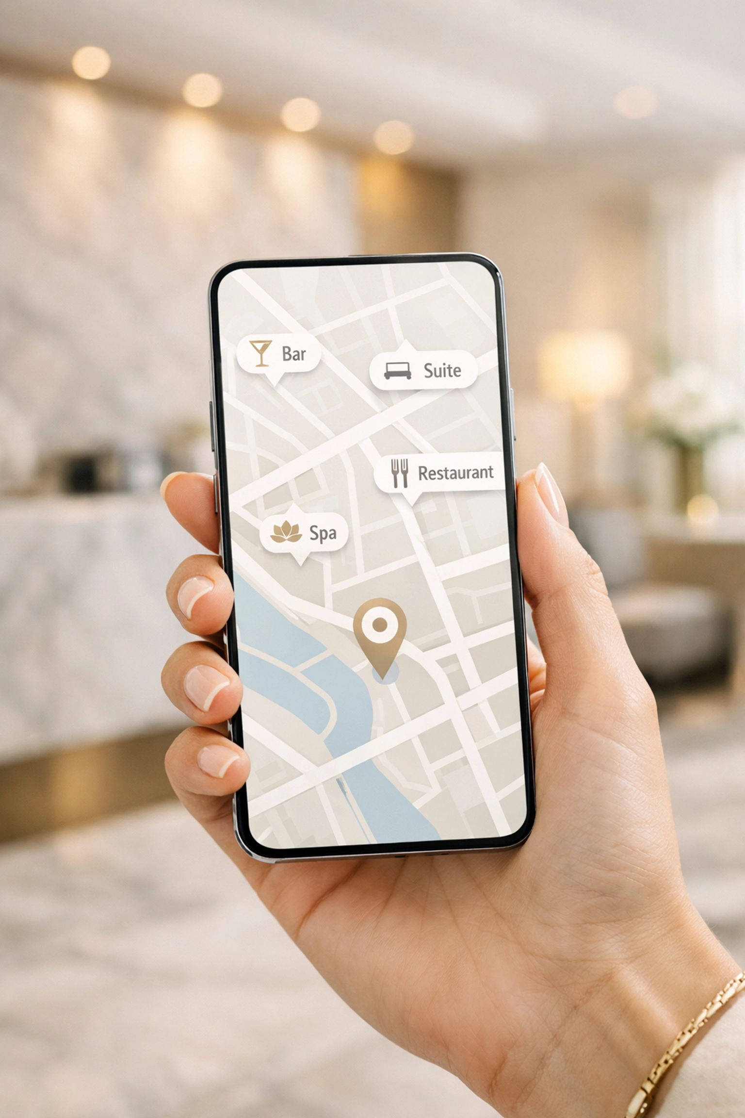 A guest using a digital neighborhood guide on a smartphone in a modern hotel lobby.
