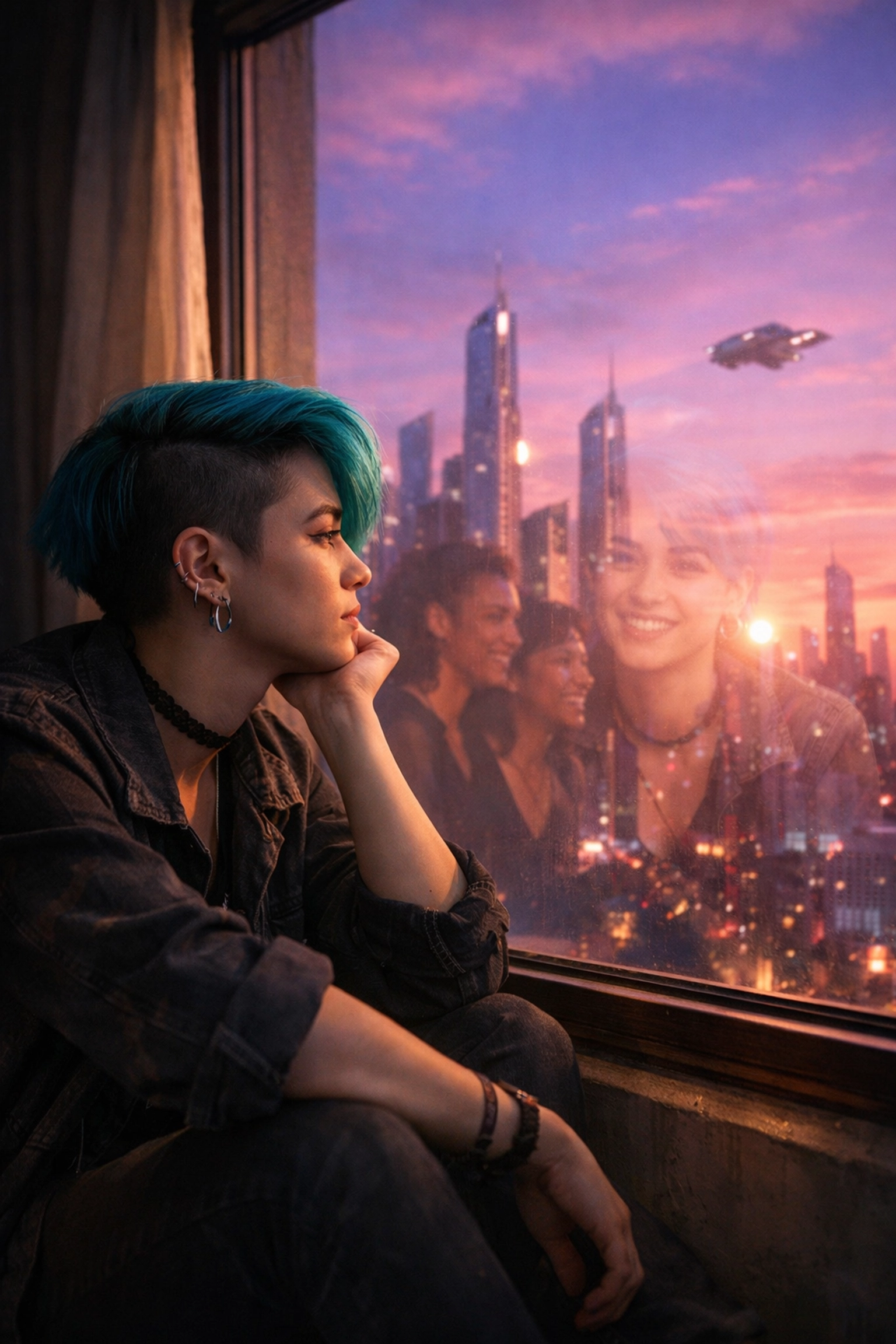 Non-binary person gazes at futuristic skyline, imagining queer healing and hopeful future visions