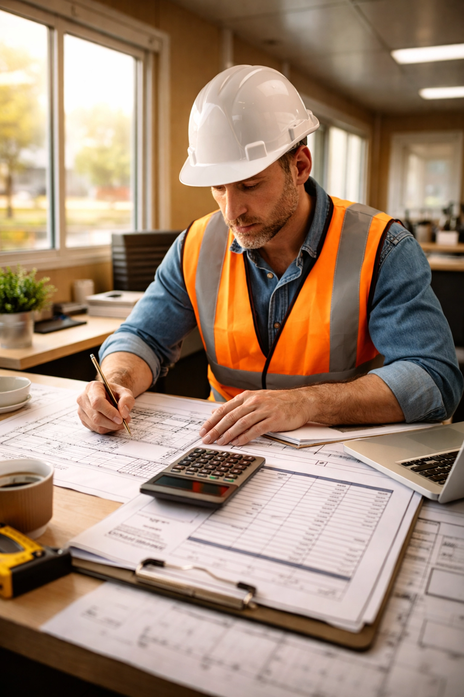 Construction contractor reviewing blueprints and cost estimates to improve job profitability in office setting