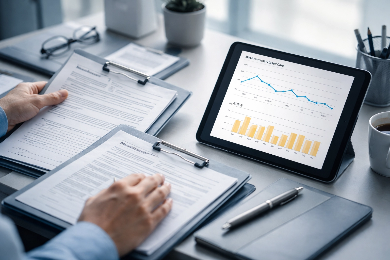 Cinematic still frame close-up of enrollment paperwork beside a tablet showing de-identified PHQ-9 and GAD-7 trend lines supporting behavioral health provider enrollment compliance.