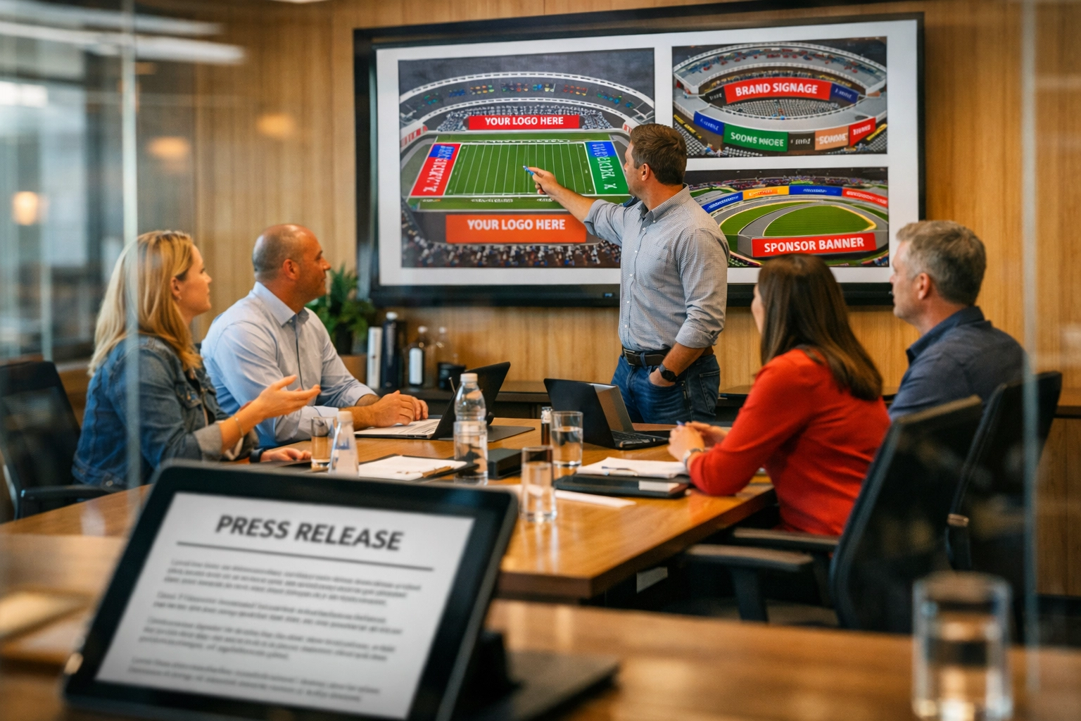 Sports marketing executives strategizing venue partnerships and sponsorship opportunities in meeting