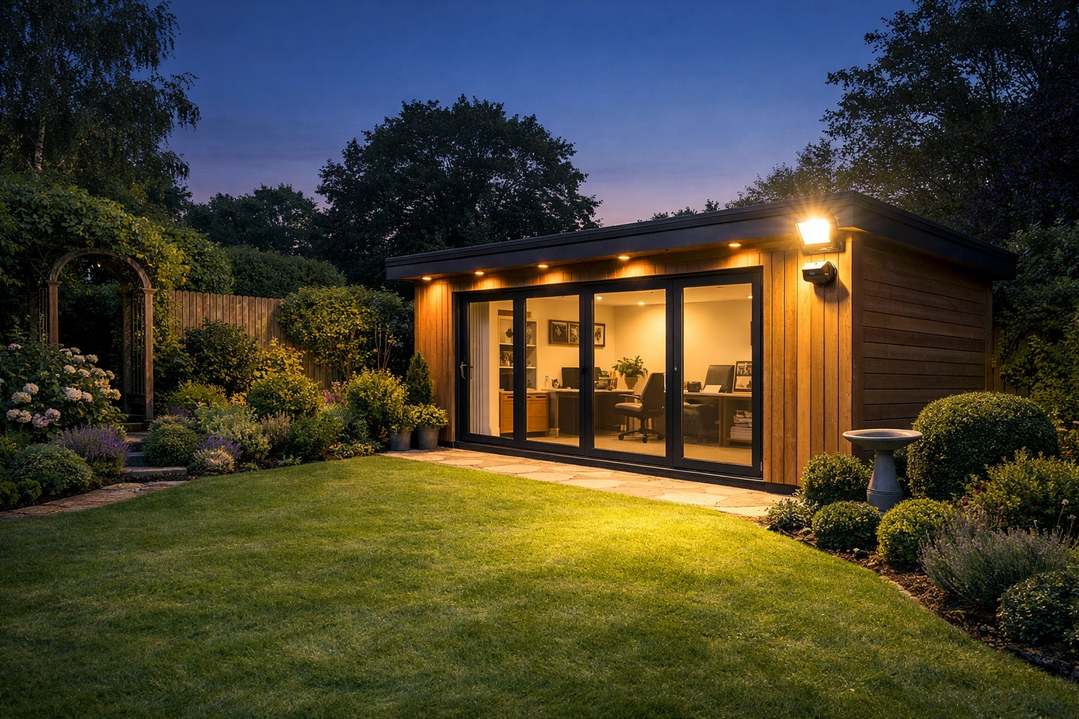 Professional garden security camera and lighting installed on a timber home office for peace of mind.