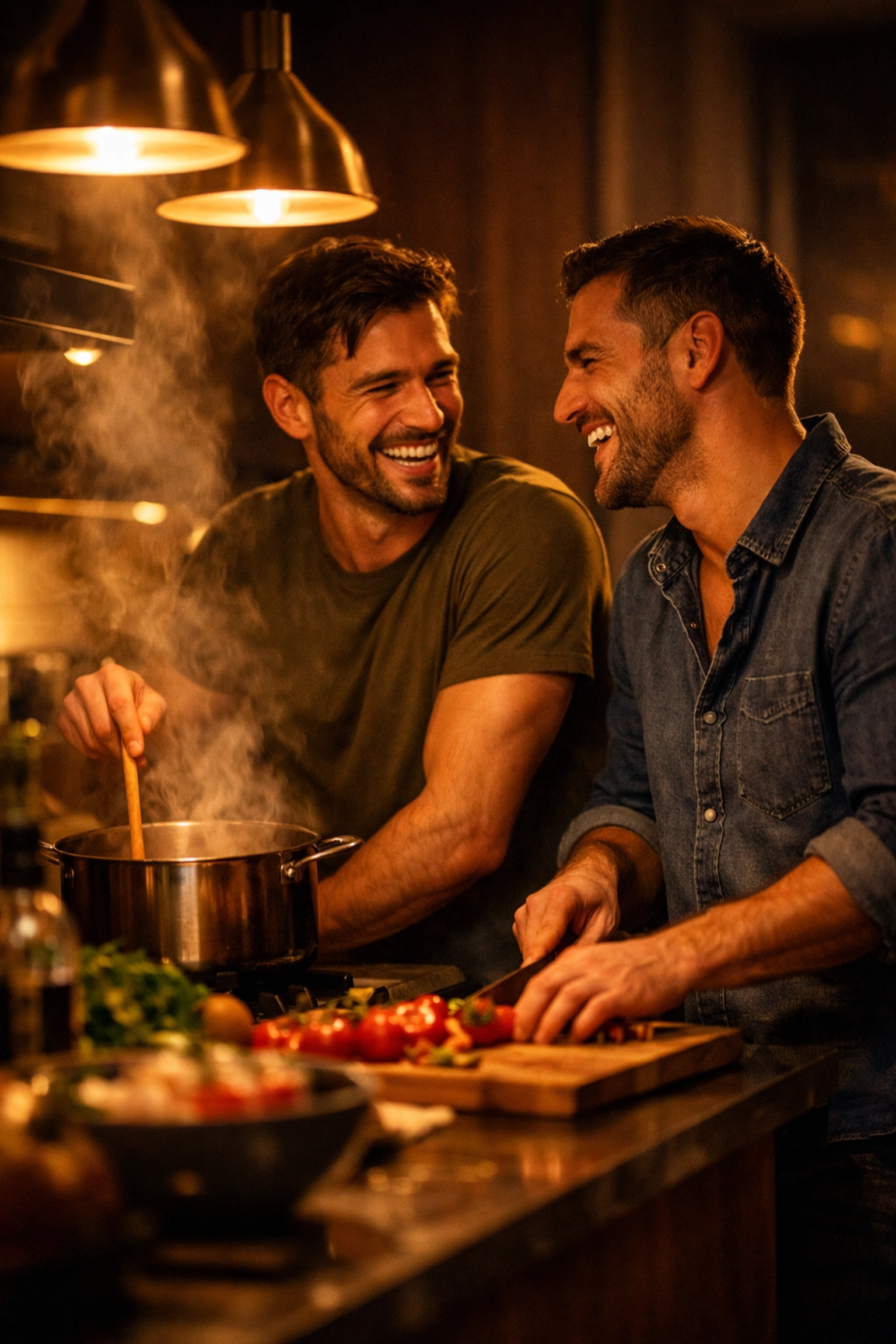 Married gay men cooking together in their kitchen
