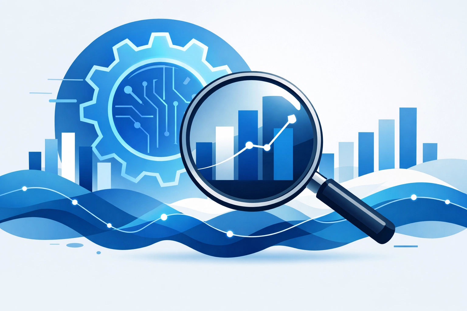 Illustration of AI automation monitoring SEO performance and analytics data with a magnifying glass