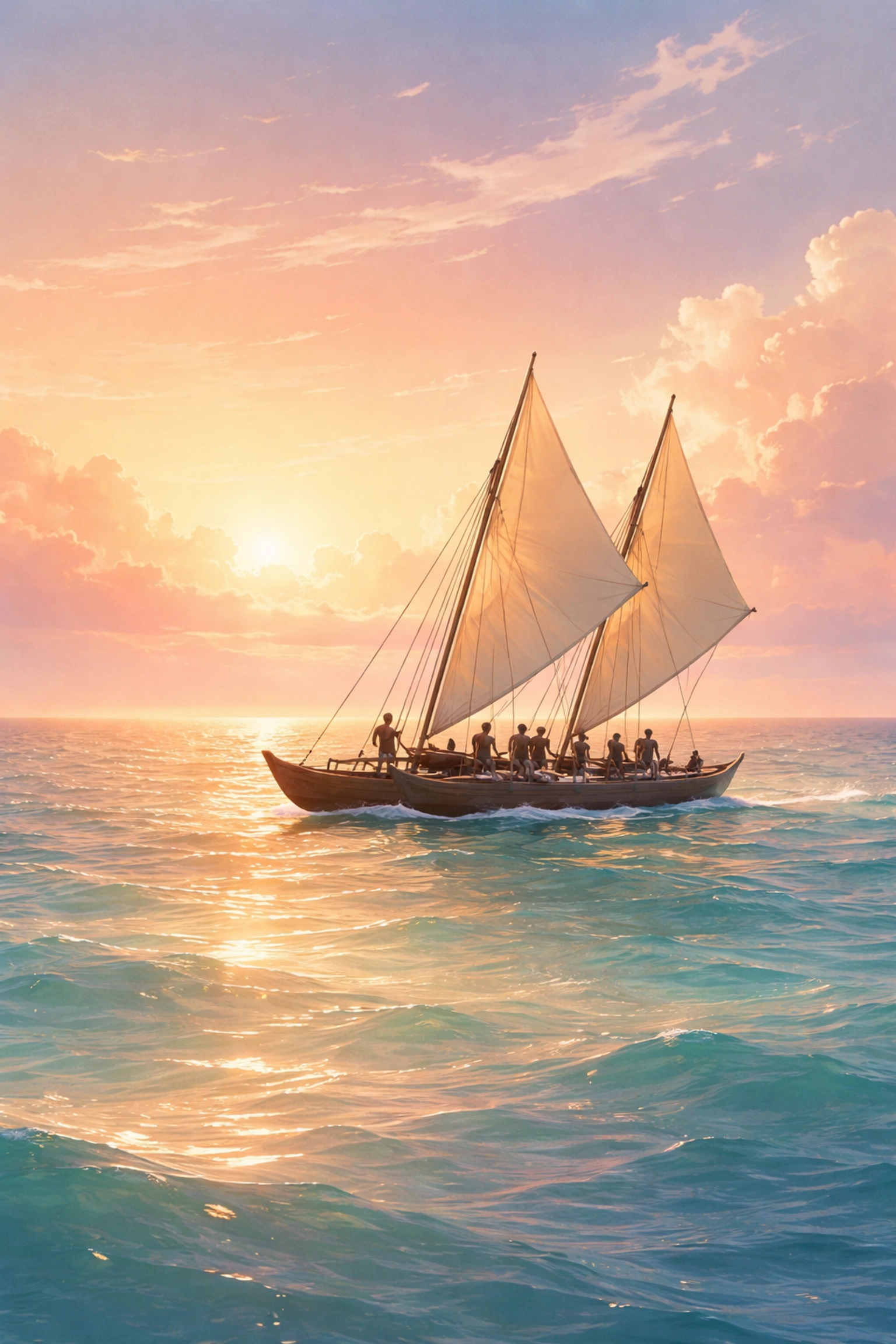 Polynesian voyaging canoe crew sails at sunset, symbolizing teamwork in Moana 2 Christian review.