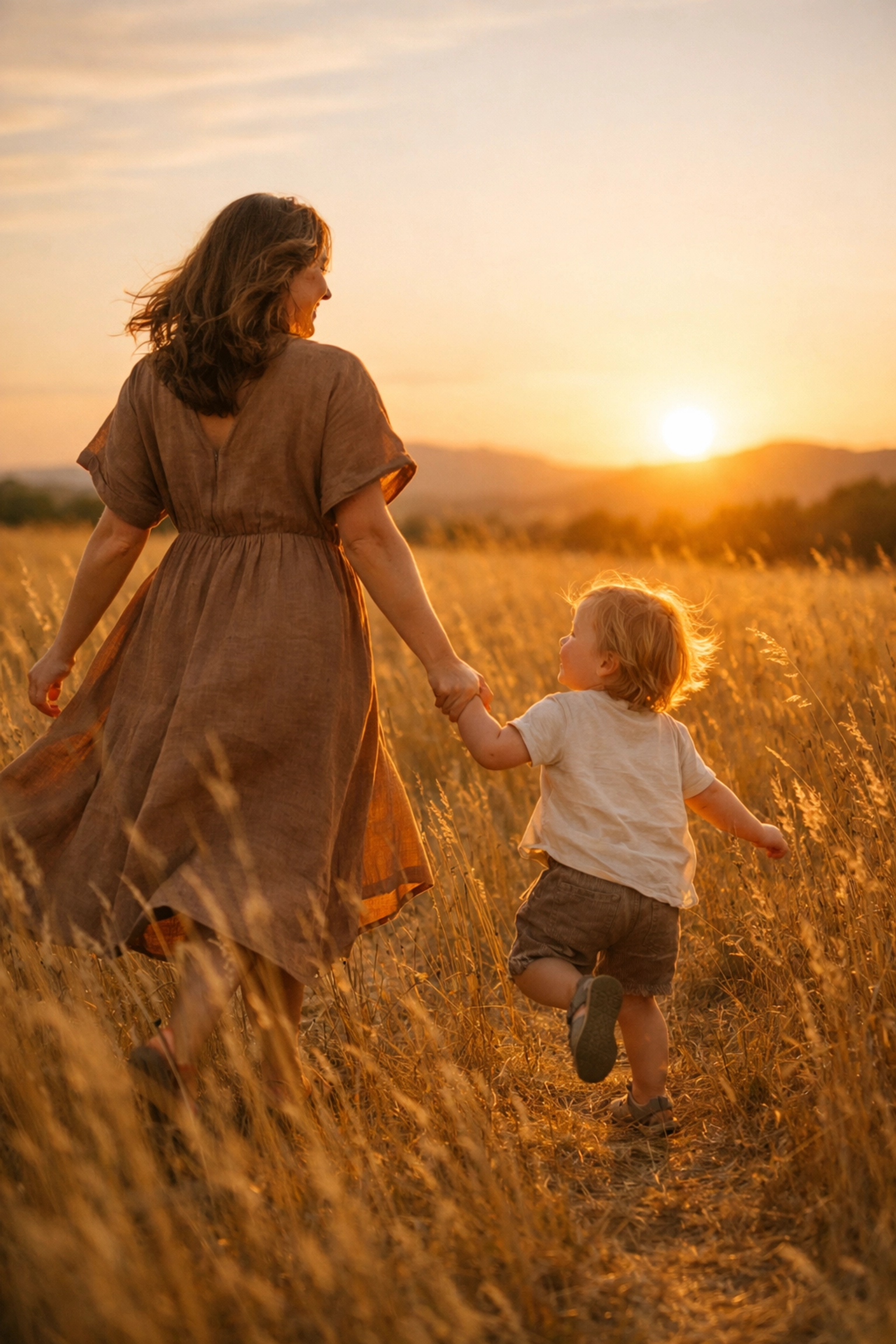 A mom and toddler playing in a field, showing the freedom gained from a successful online business for moms.