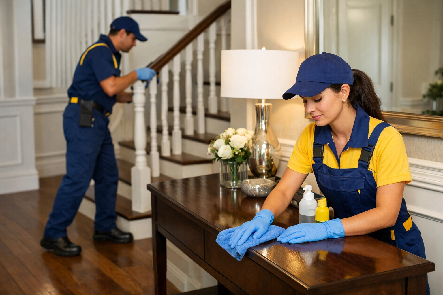 Professional house cleaning Worcester MA team performing detailed maintenance in a luxury home.