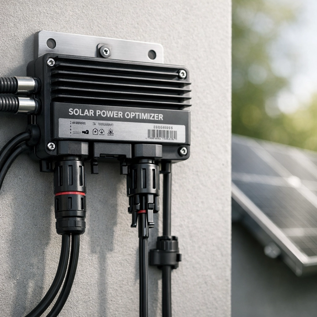 Close-up of a solar power optimiser installation to maintain panel efficiency and output.