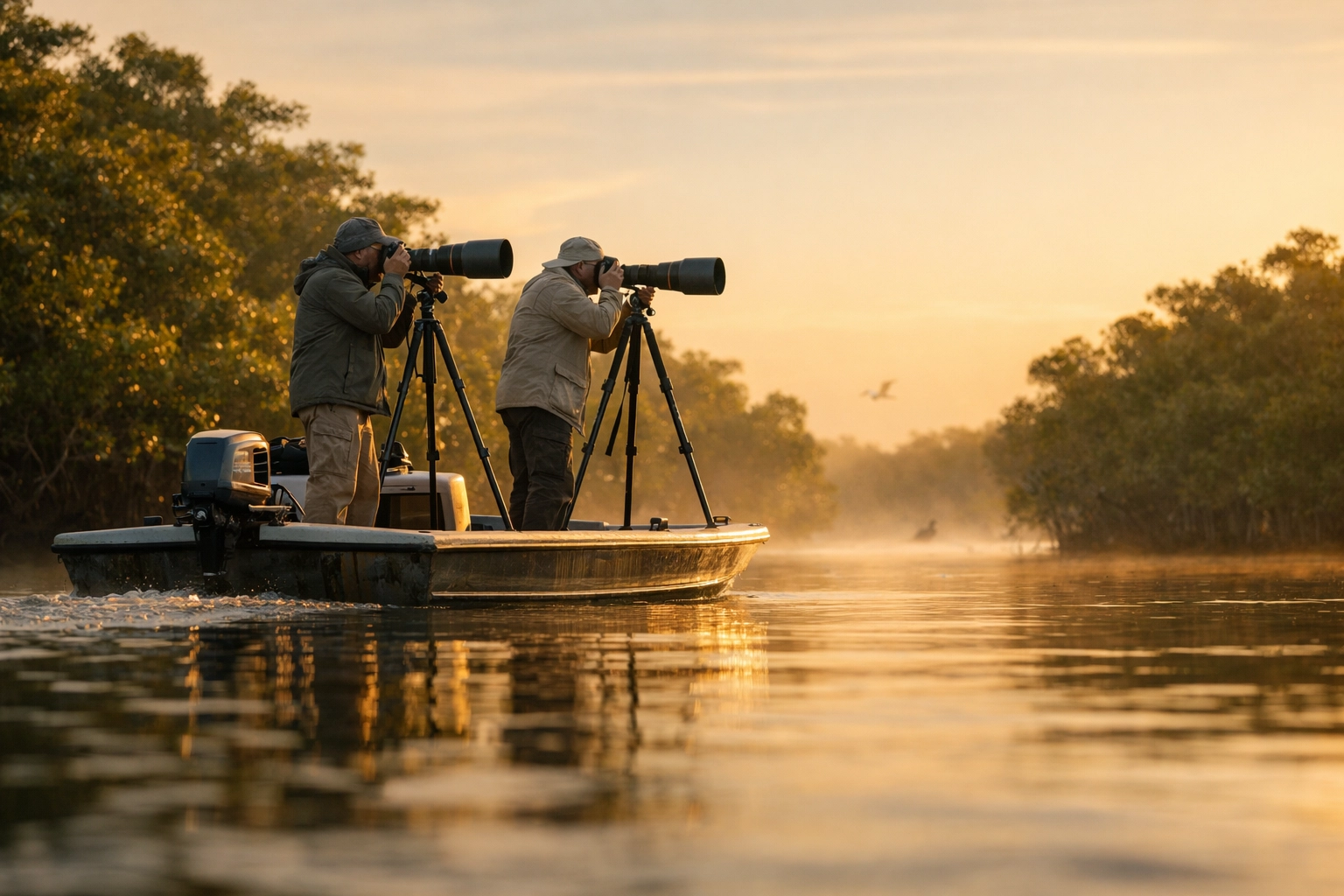 Photographers on an Everglades wildlife photography tour boat at sunrise using long telephoto lenses.