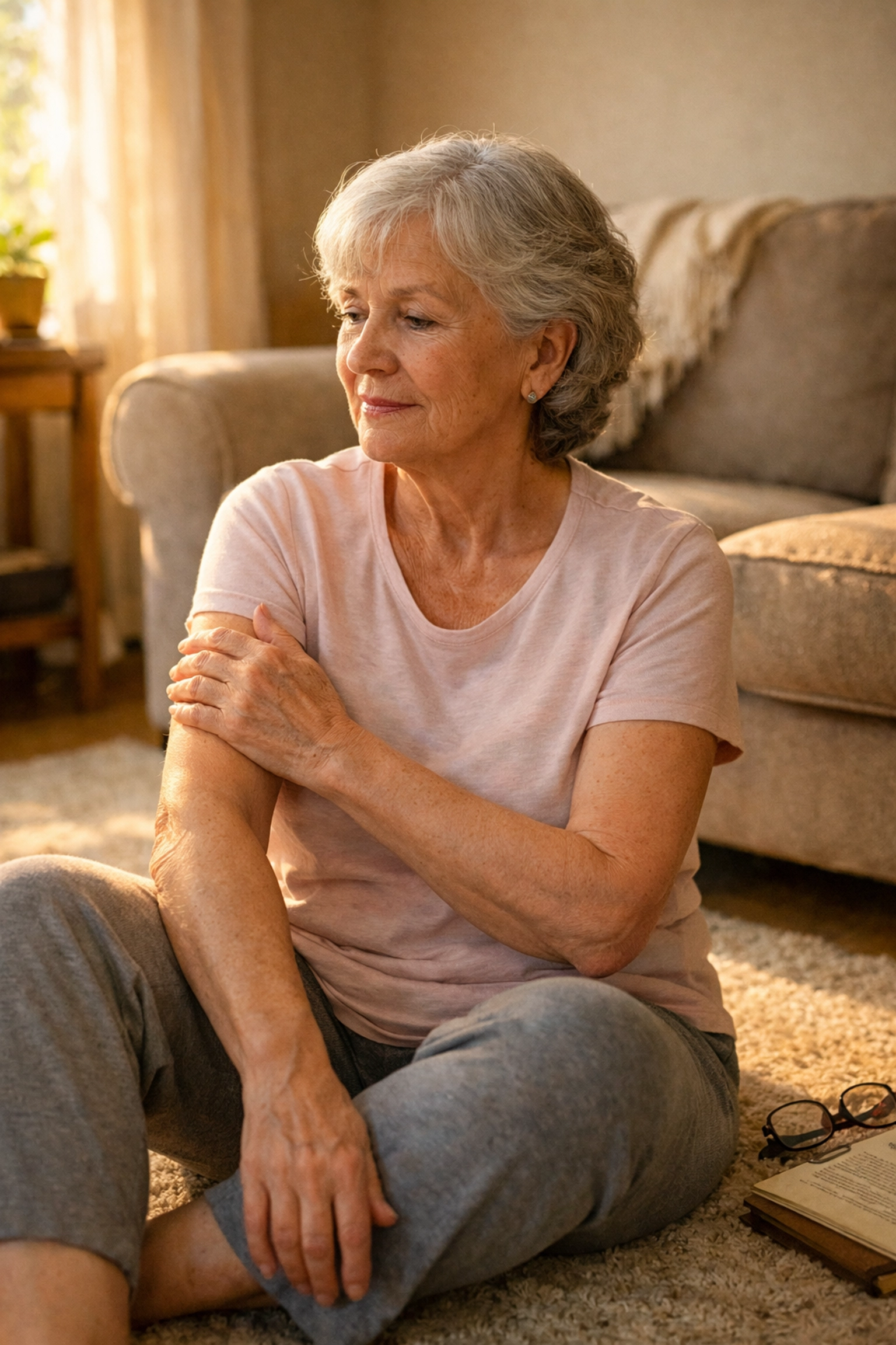 Senior woman sitting on floor assessing for injuries after a fall in home setting