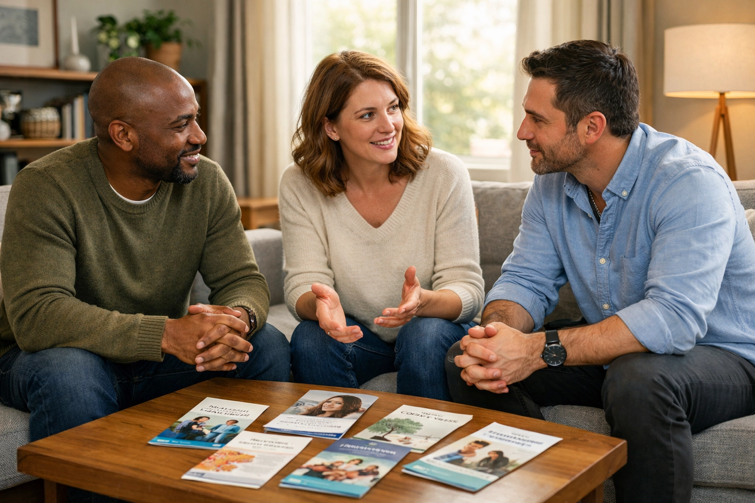 Diverse adults having a civil discussion about civic engagement and community responsibility at home.