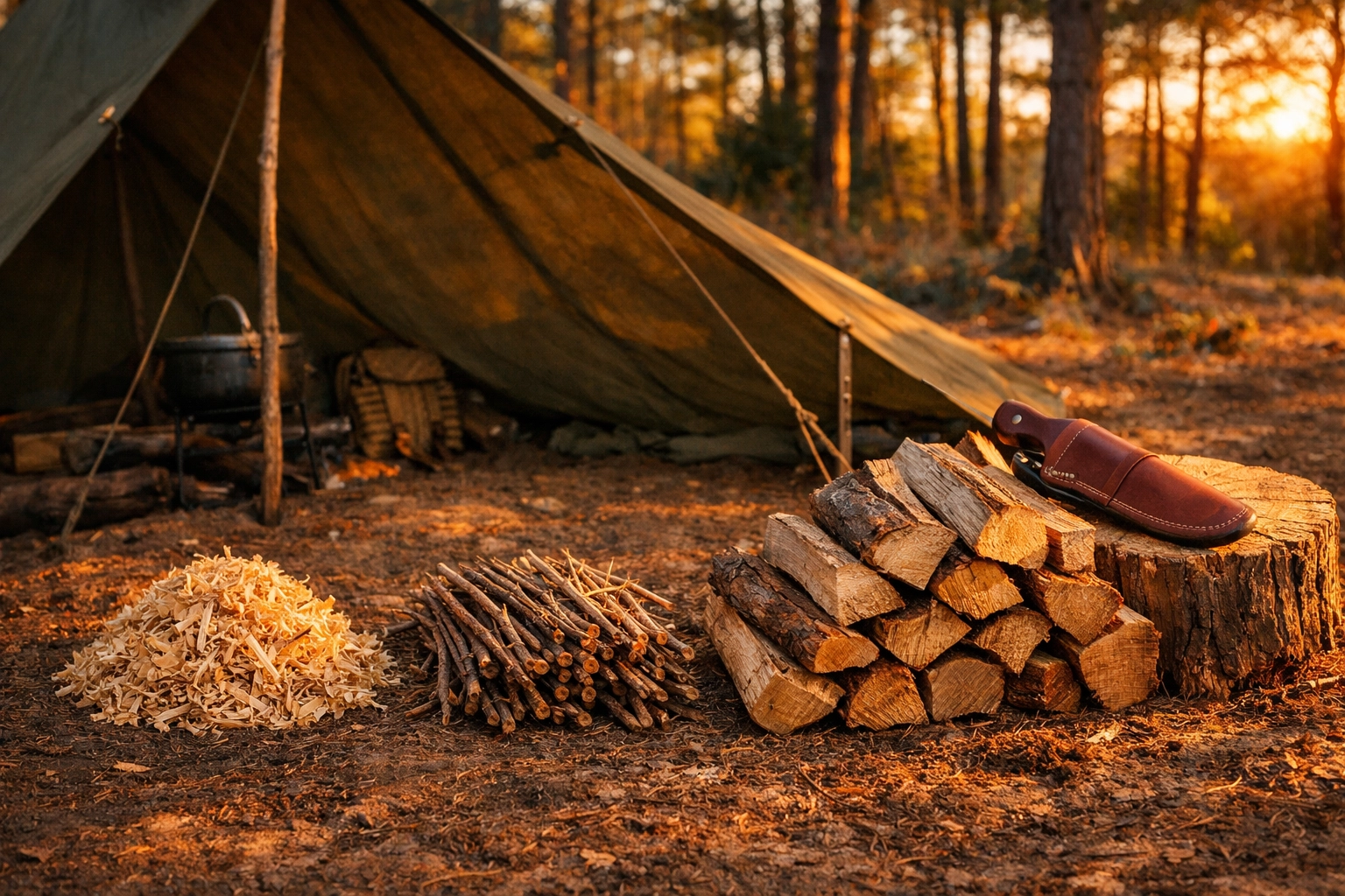 Organized wood yard with tinder, kindling, and fuel logs, essential for mastering survival skills.