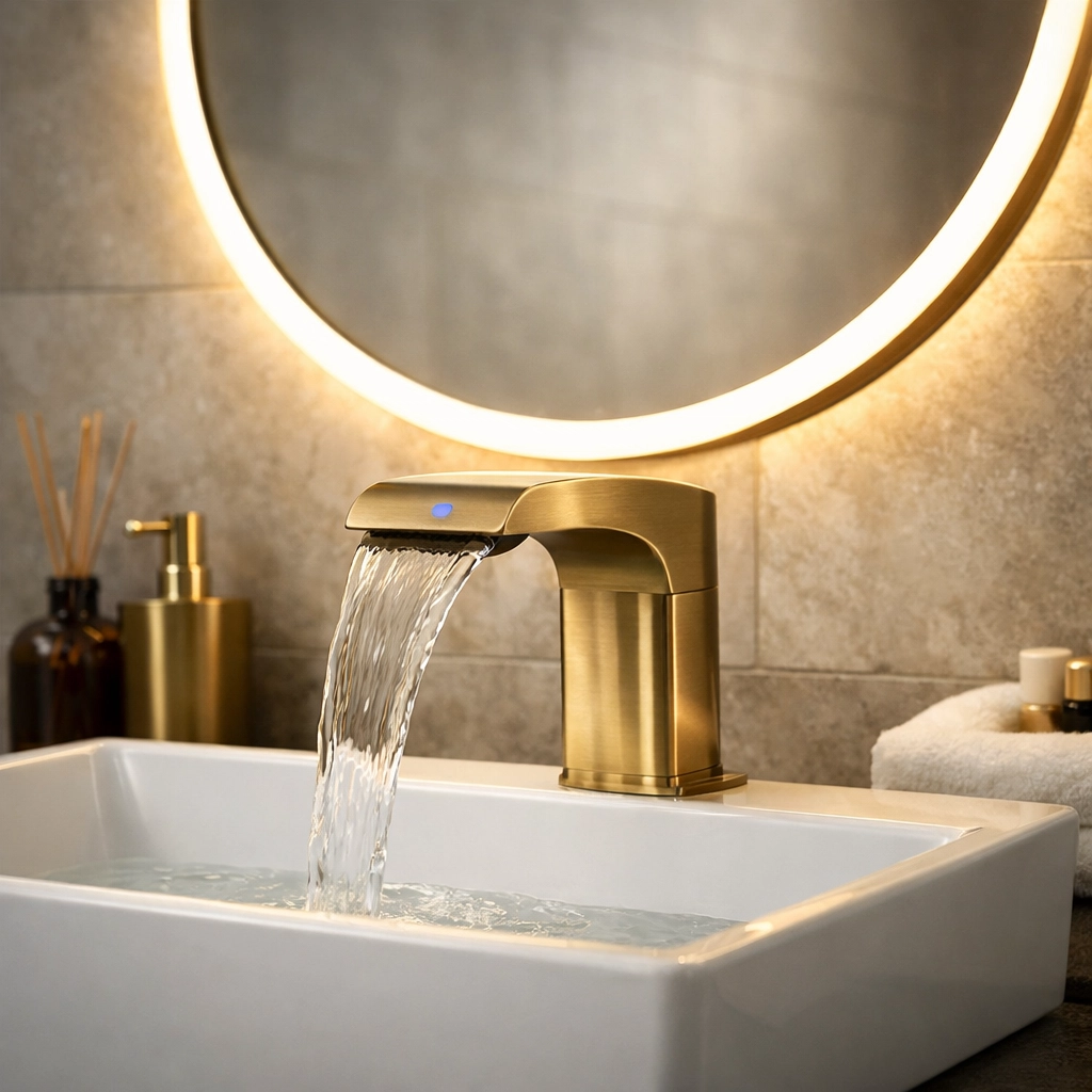 Energy-efficient bathroom renovation Orlando showing a touchless gold faucet and LED illuminated mirror.