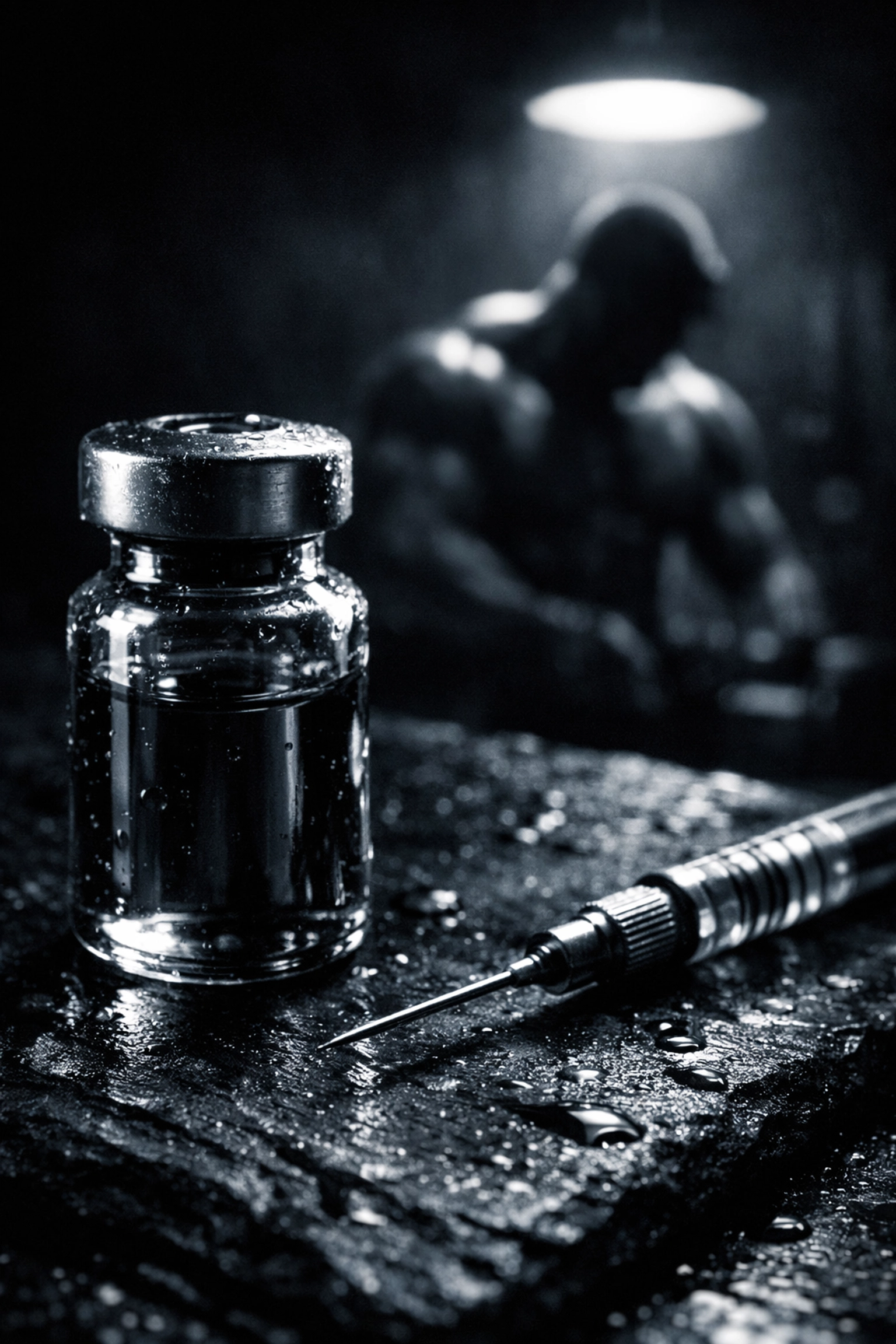 Medical vial and needle on slate for precision titration in an elite fat loss coaching protocol.