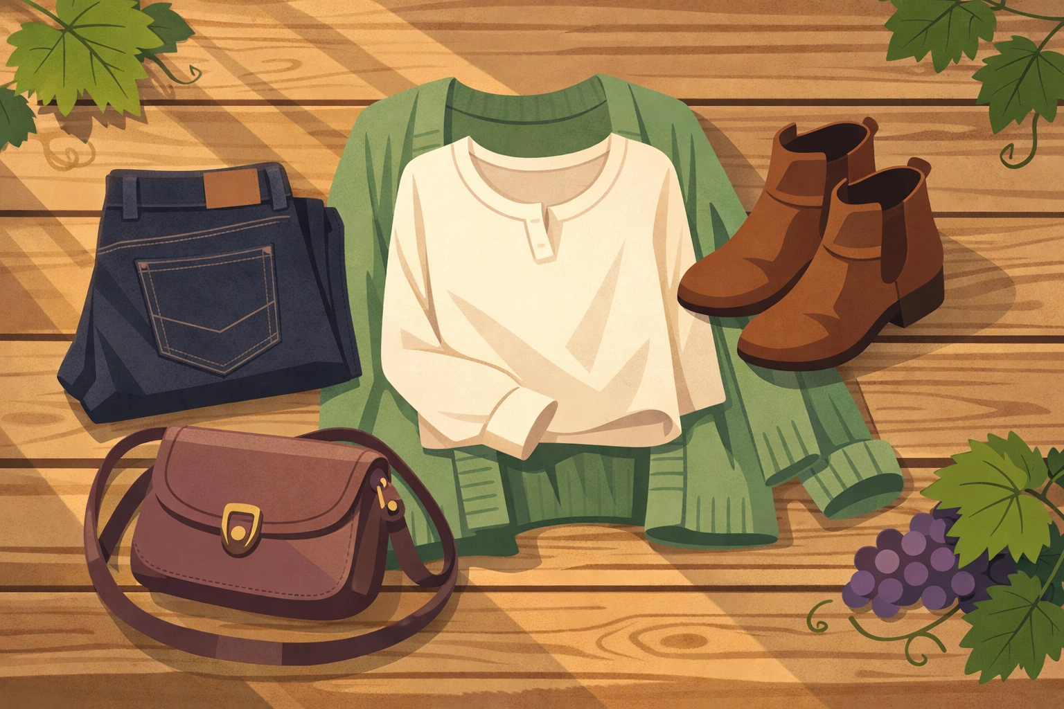 Layered spring outfit for Northern Virginia wine tour with jeans, blouse, cardigan, and boots