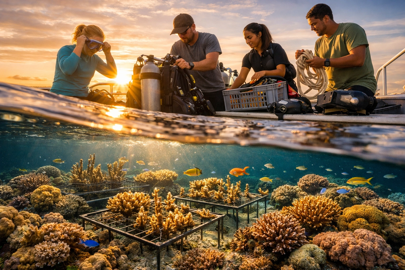 Students preparing coral restoration equipment above thriving reef ecosystem in Cayman Islands