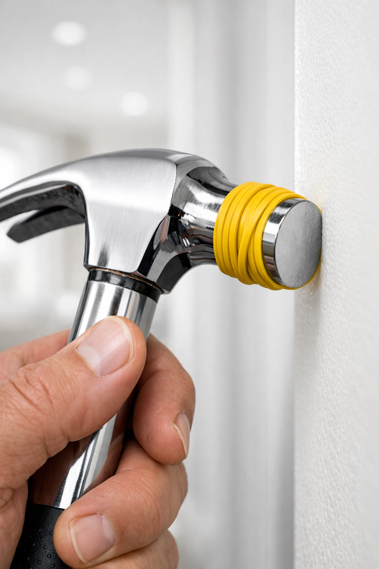 Meticulous apartment cleaning Massachusetts technique using a rubber band on a hammer to protect walls.