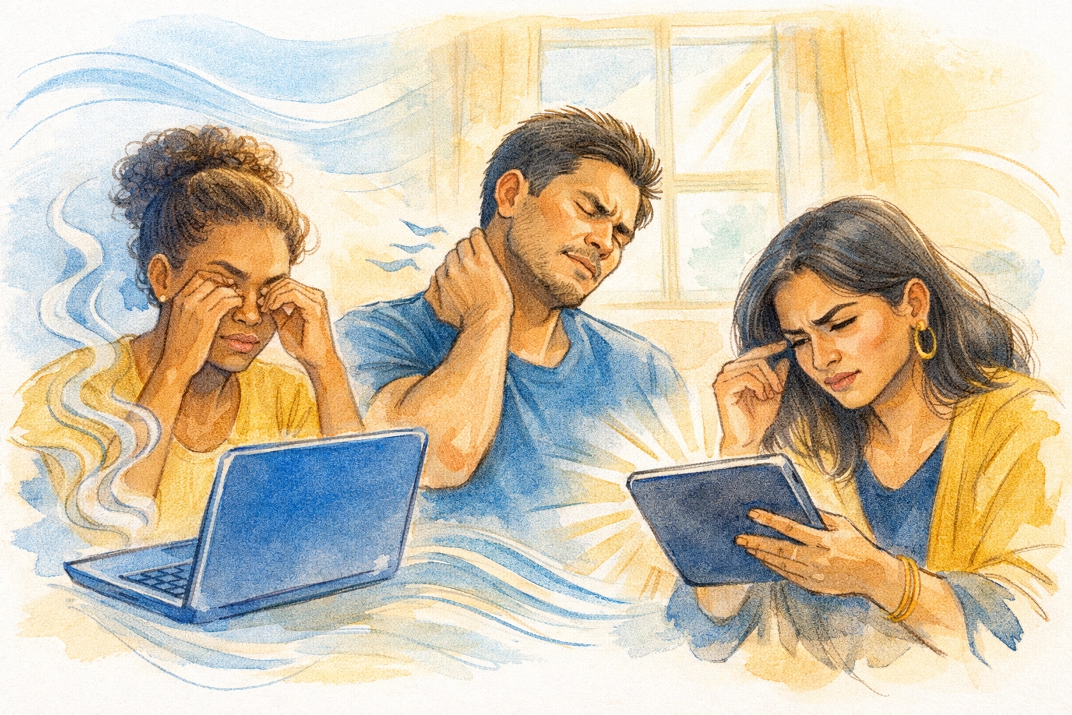 Diverse people experiencing screen fatigue and eye strain from digital devices