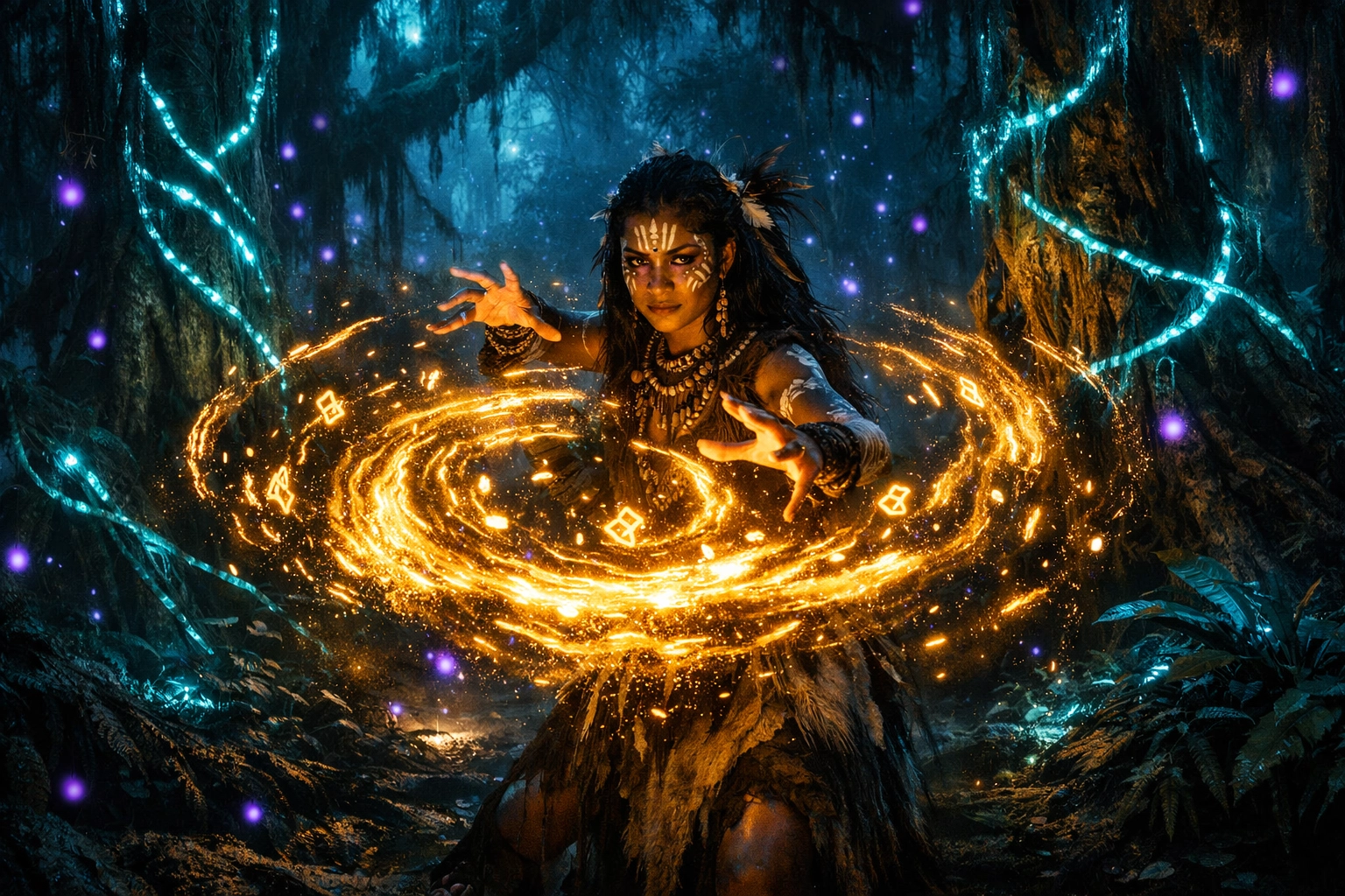 A woman practicing gold magic in a bioluminescent jungle for African mythology fantasy.