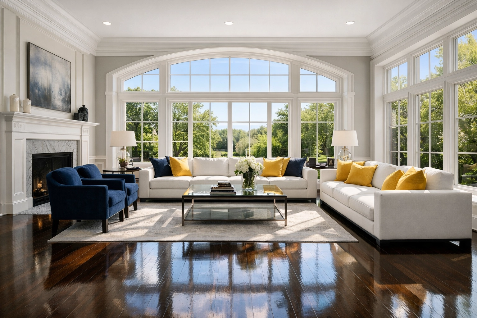Impeccably clean Dover estate living room highlighting expert residential cleaning Massachusetts standards.