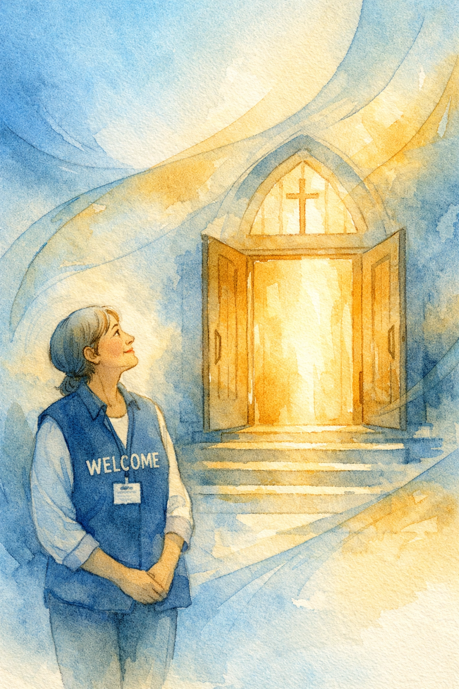 Welcoming church greeter at entrance ready to make first impressions