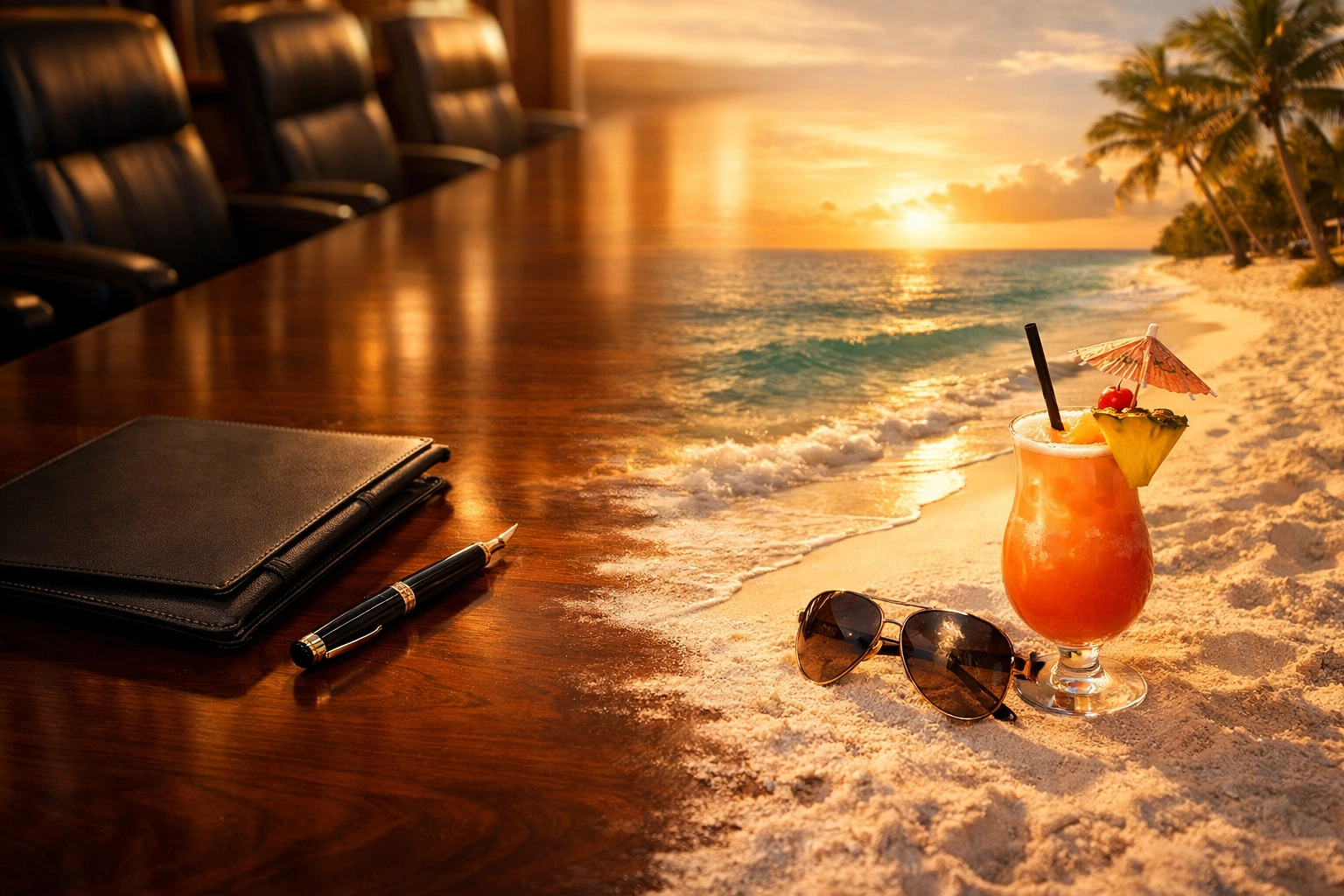 Boardroom table transitioning to a Florida beach, symbolizing the journey to sell my business.