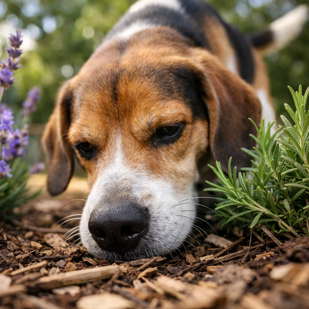 Dog engaging in scent enrichment by sniffing plants in a natural play yard at Green Acres K-9 Resort.