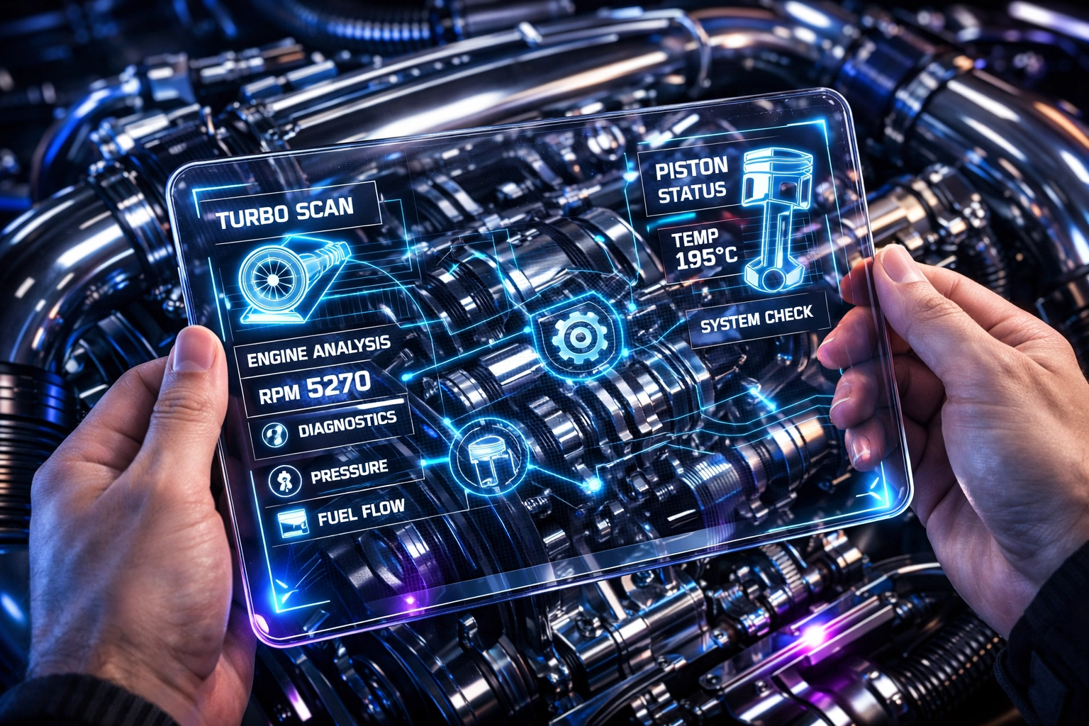 An augmented reality training app overlaying digital circuit diagrams onto a real industrial engine.