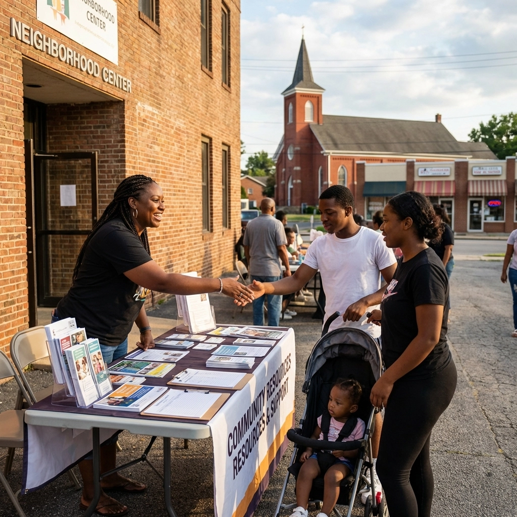 Community organizer greets a local family at a resource table outside a church, promoting community engagement.