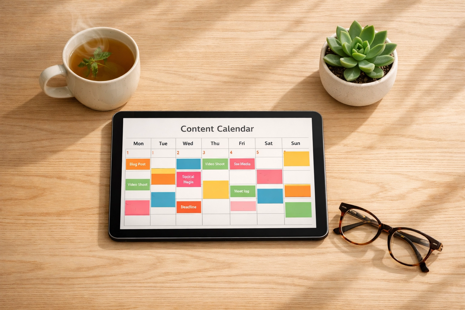Digital content calendar on a minimalist desk representing consistent publishing velocity for health blogs.