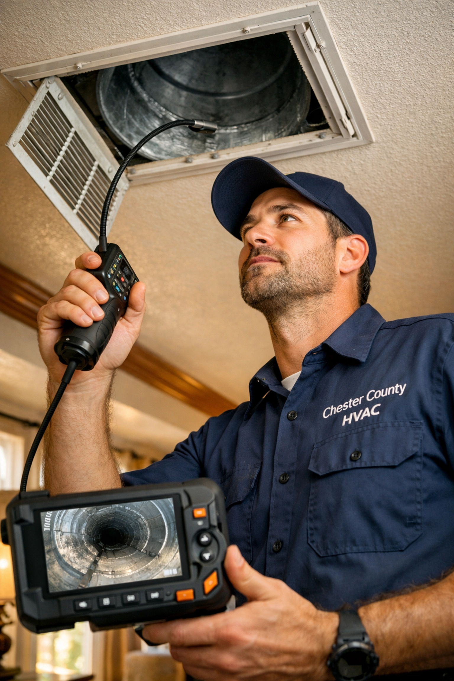 HVAC technician inspecting air ducts with camera during professional cleaning service