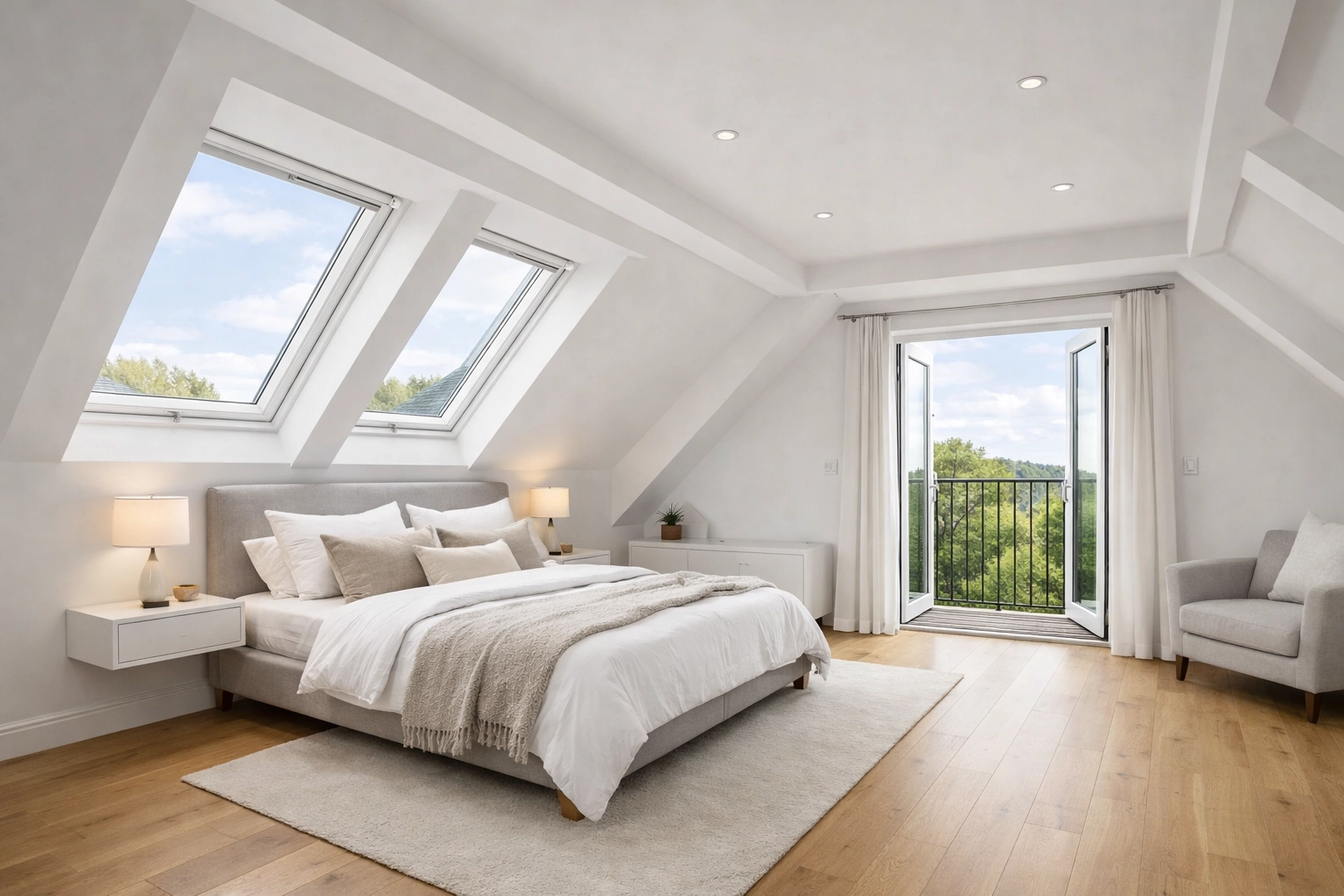 A high-end dormer loft conversion in Surrey featuring large roof windows and minimalist interior design.