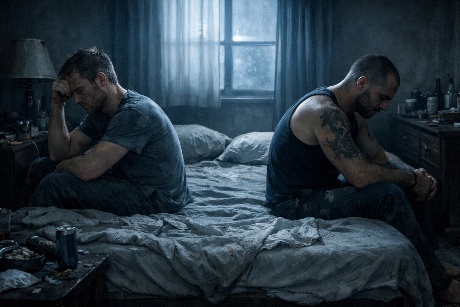 A gay couple sitting back-to-back in a dark bedroom, showing the emotional distance of addiction.