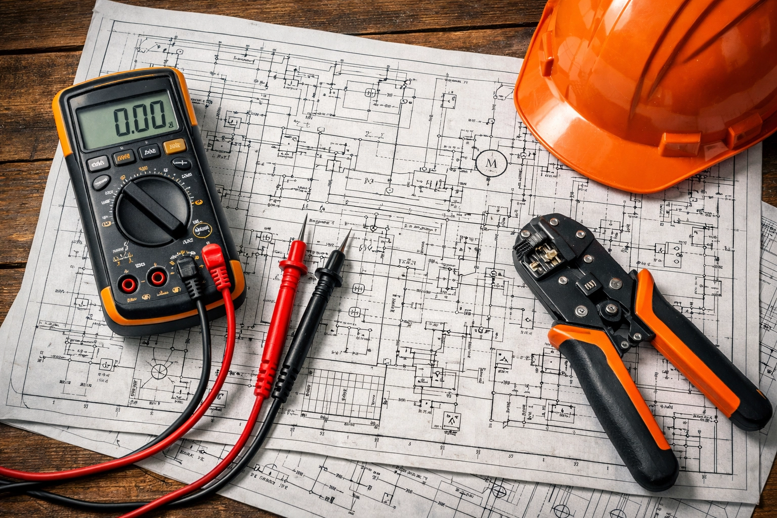 Electrical blueprints with a multimeter and hard hat on a desk for project planning.