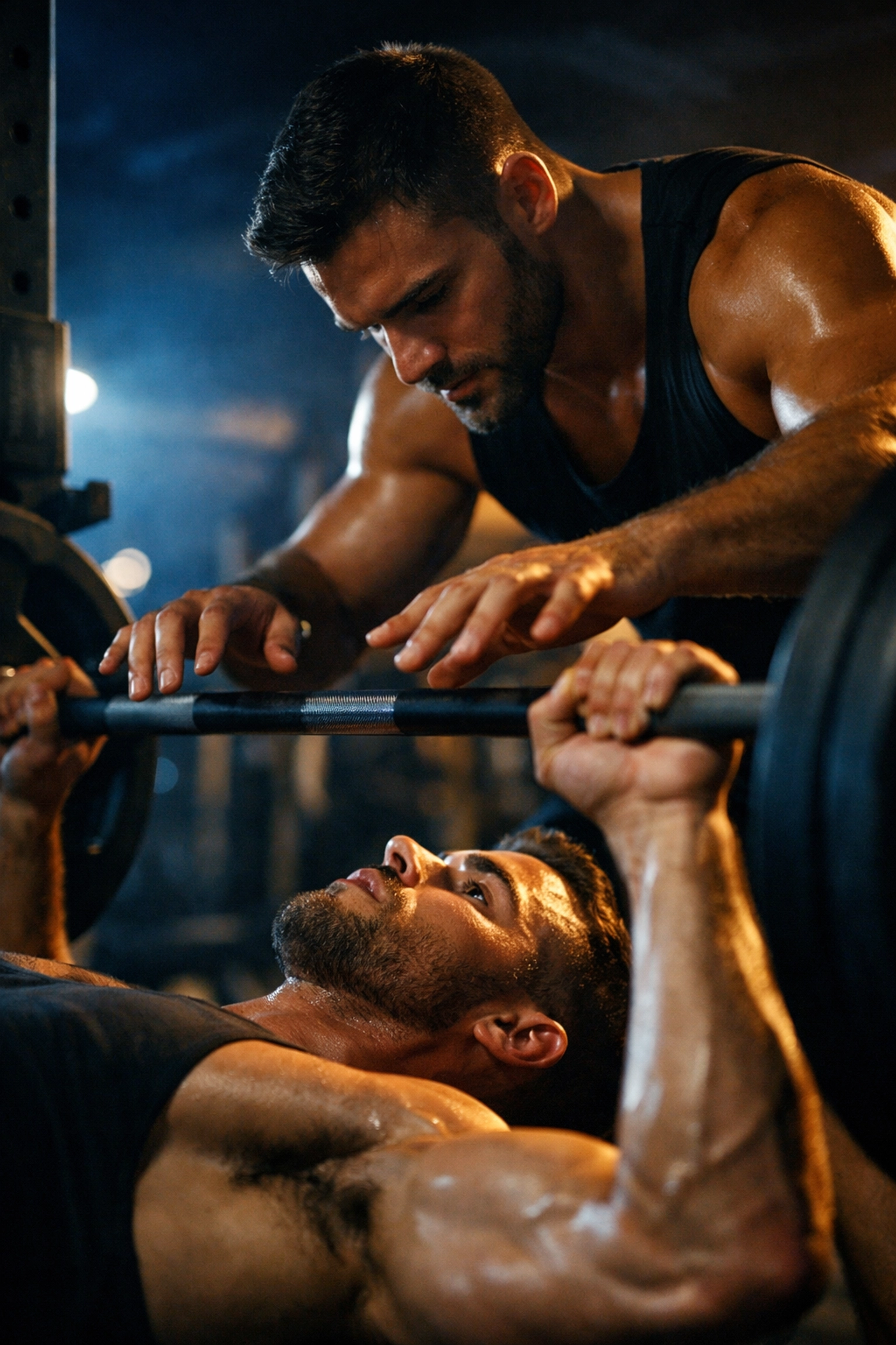 Two men in gym spotting each other during bench press showing intimate connection in gay bodybuilding culture