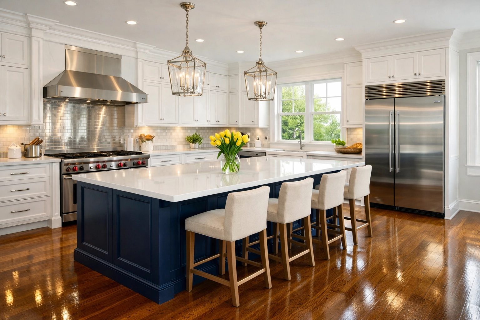 Deep cleaned Lunenburg kitchen featuring polished hardwood floors and a sparkling quartz island countertop.