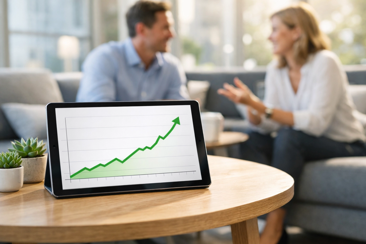 Tablet showing positive growth on a financial dashboard for a small business.