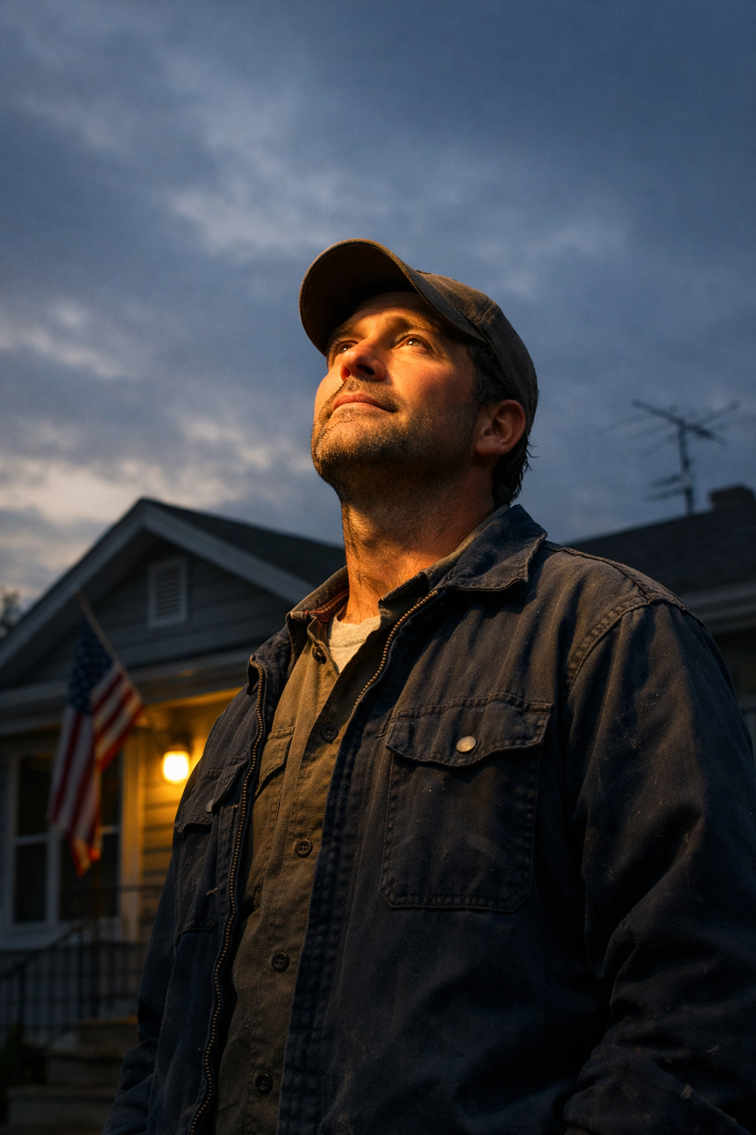 Middle-class worker contemplating financial goals in front of suburban home at dusk