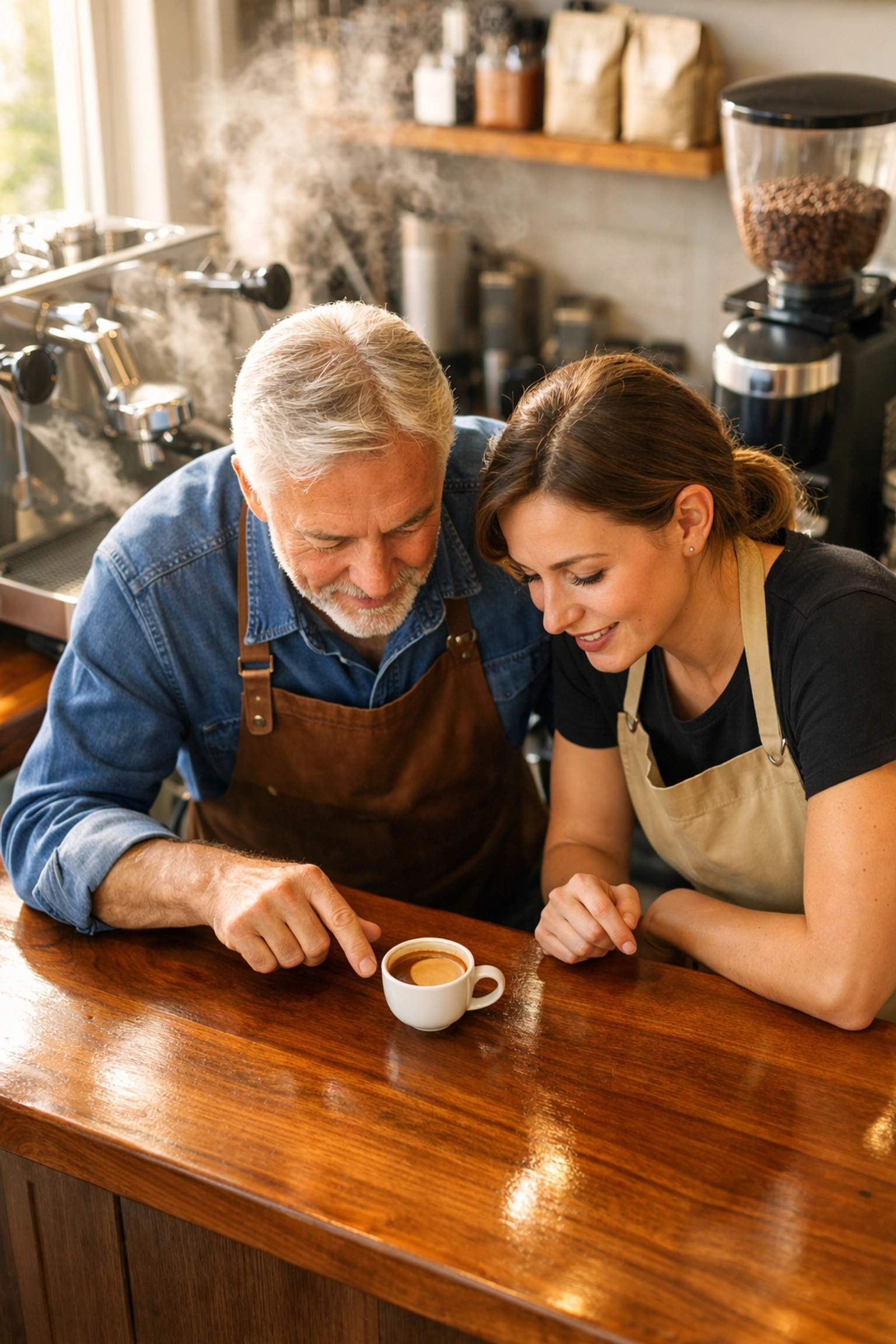 Barista trainer and café owner reviewing an espresso shot, demonstrating wholesale coffee support.