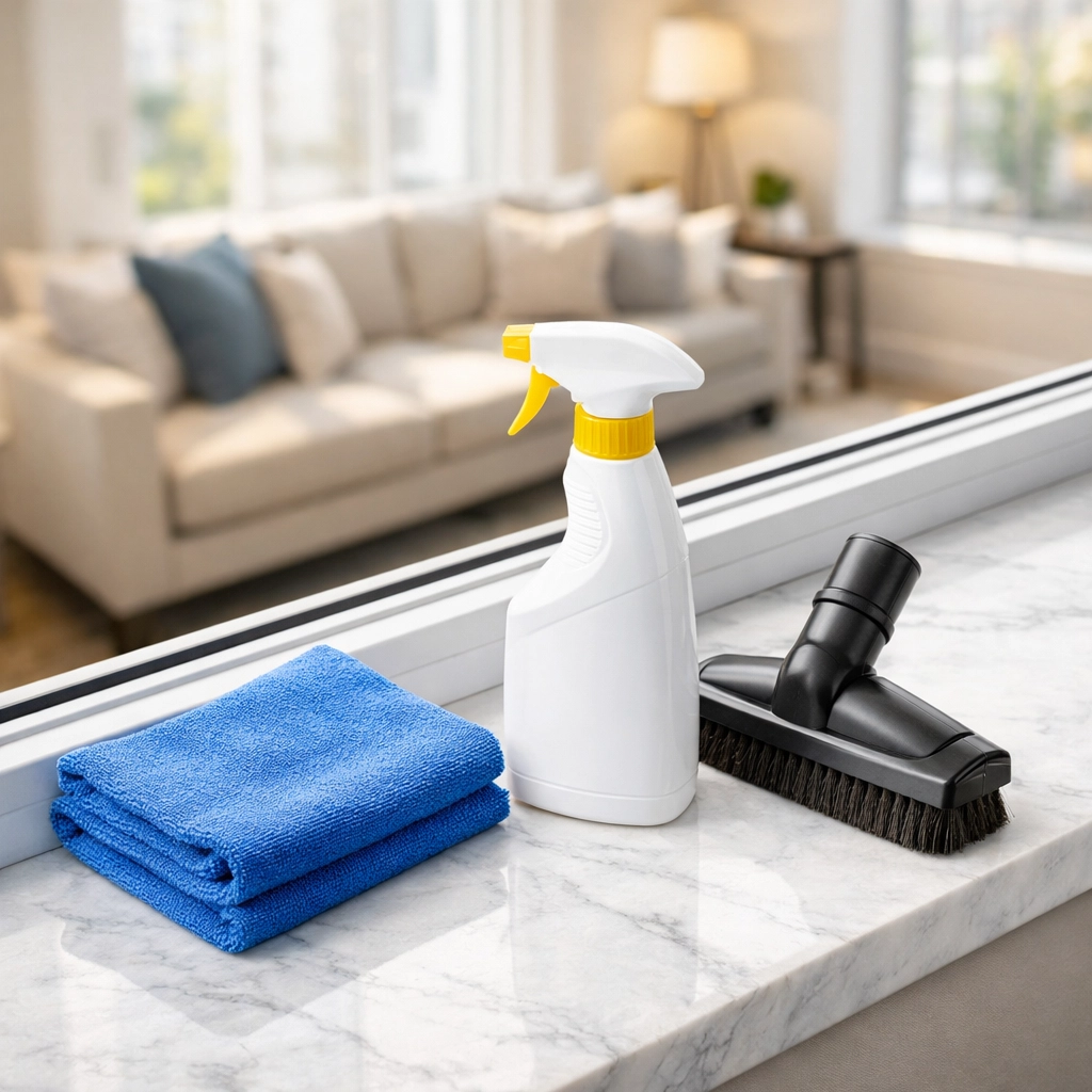 Professional window track cleaning tools including a microfiber cloth and spray bottle on a modern windowsill.