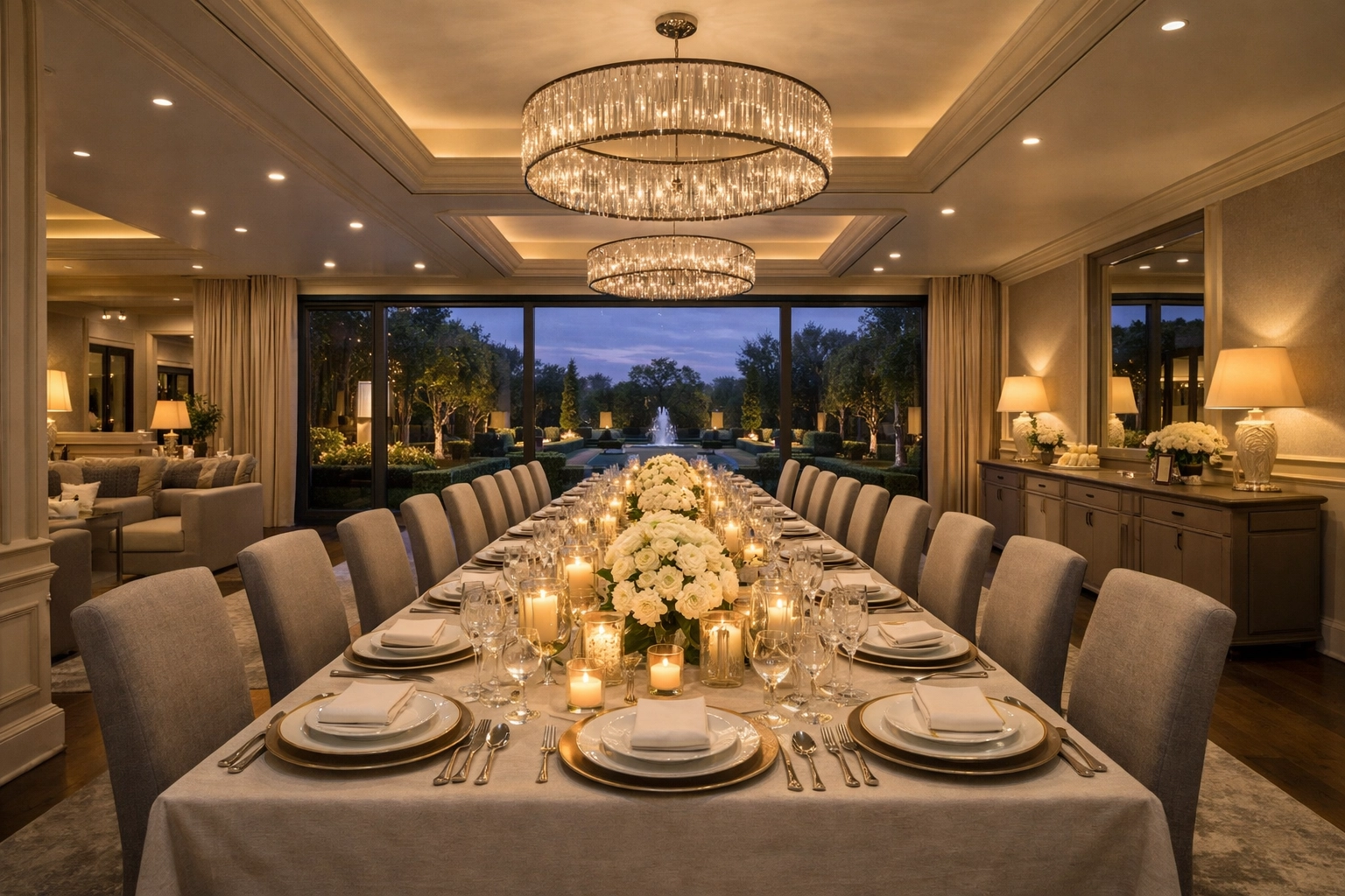 Elegant dining table set for luxury home entertaining with fine china and crystal glassware