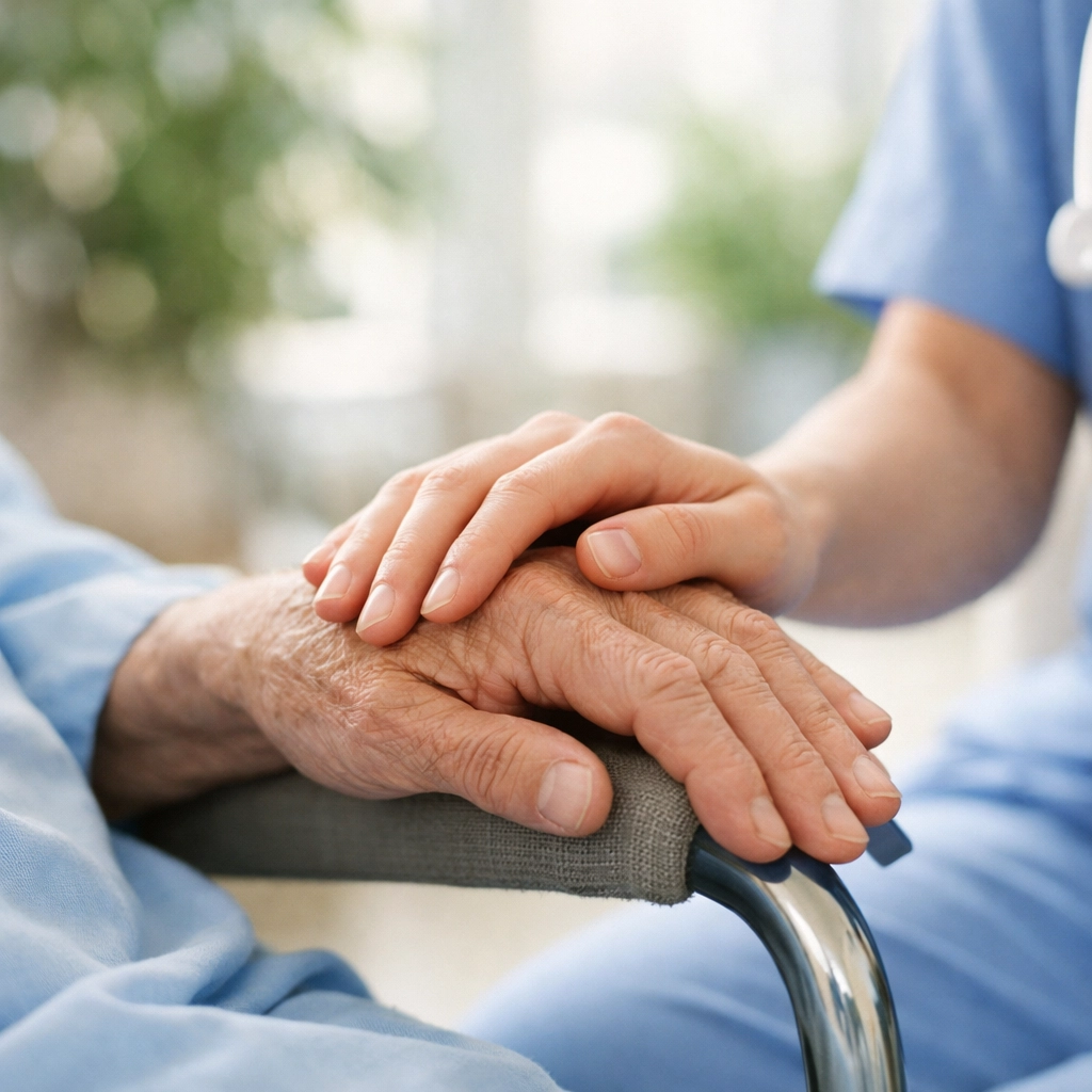 Healthcare worker holding an elderly patient's hand to emphasize the importance of human empathy over AI.