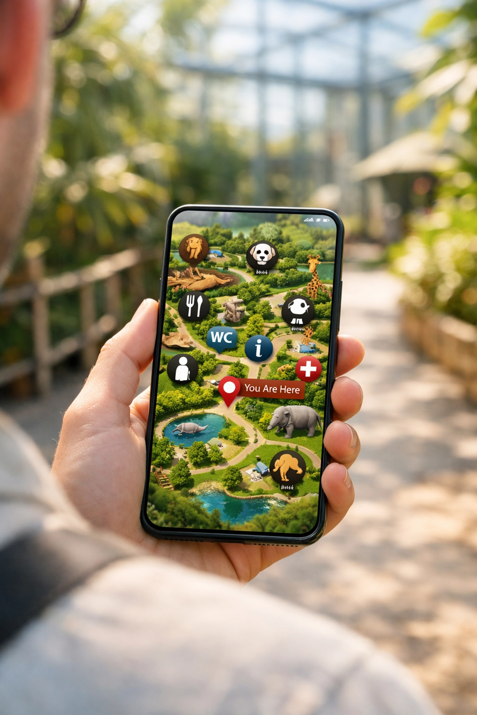 A visitor uses a mobile zoo website featuring an interactive 3D map with real-time exhibit locations.