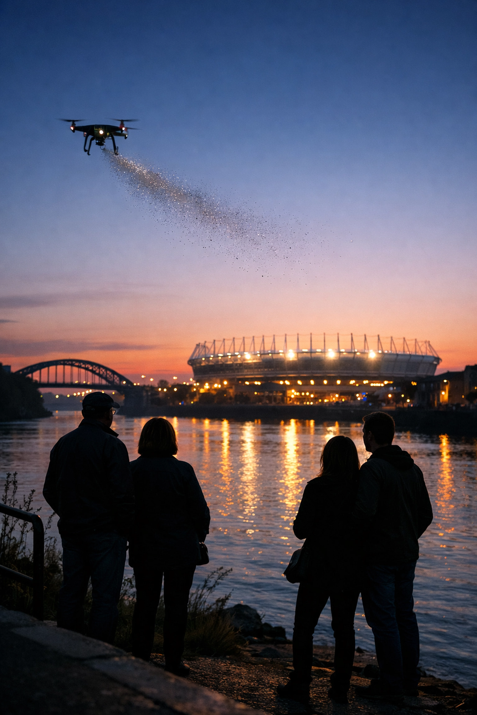 Family watching a drone ash scattering ceremony near Sunderland's Stadium of Light at dusk.