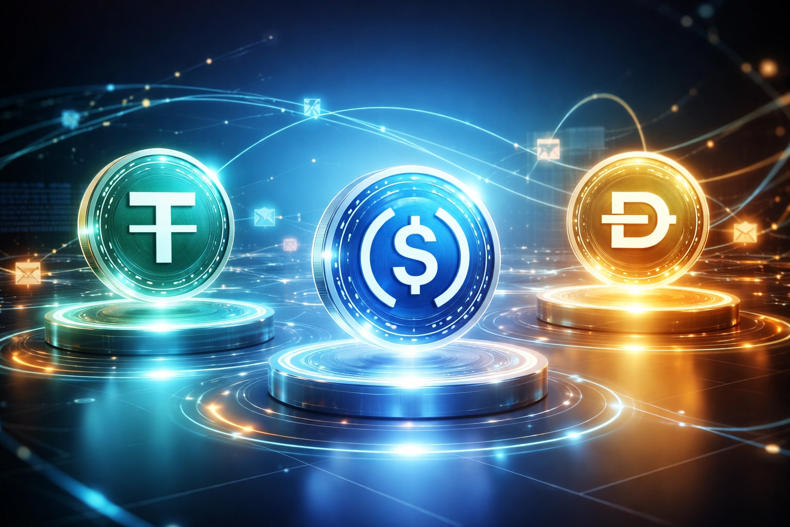 Futuristic digital stablecoins connected by blockchain payment streams, highlighting fast and efficient Web3 commerce with Larecoin.