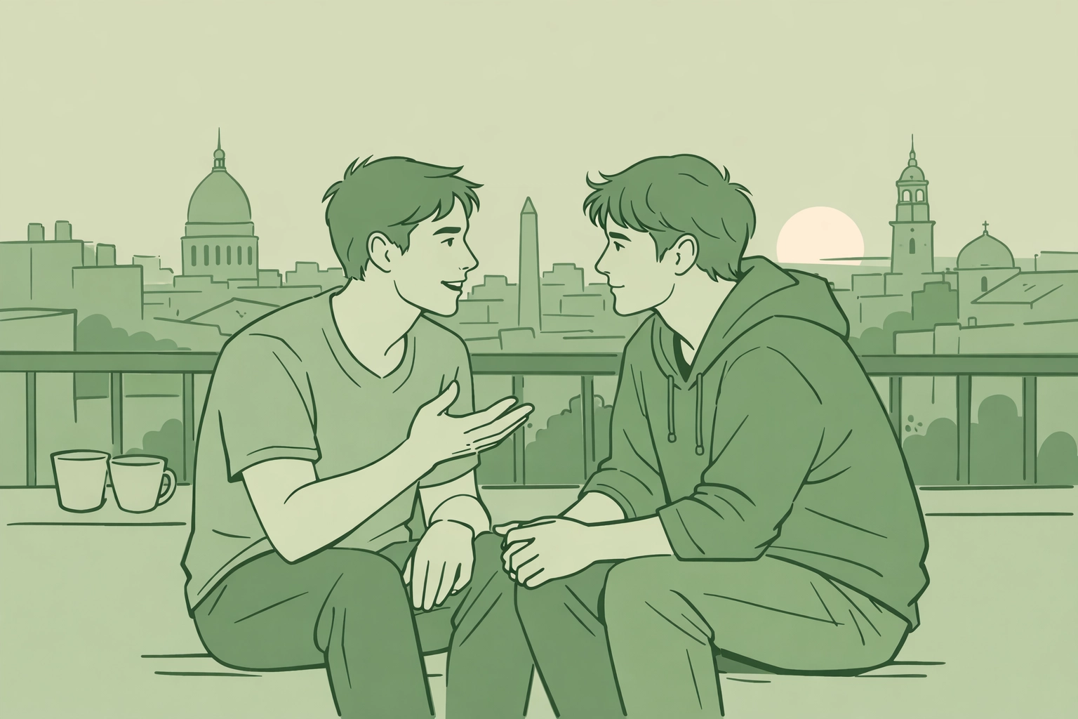 Two step-brothers sharing moment on Buenos Aires balcony overlooking city rooftops