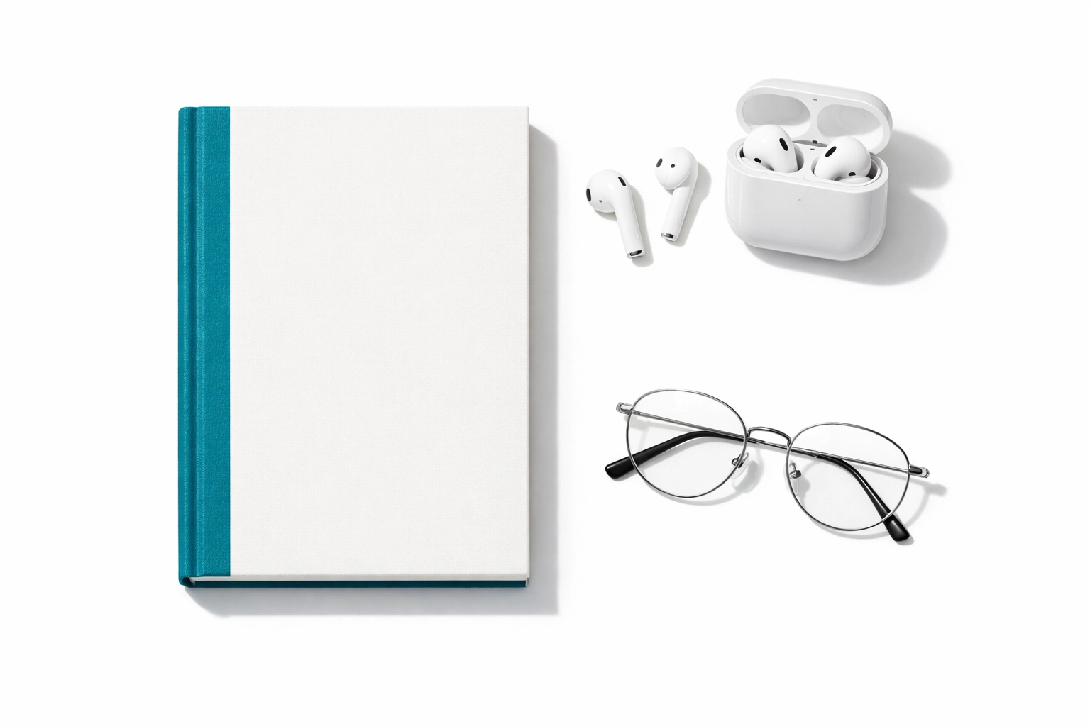 A minimalist novella book with earbuds and glasses representing modern reading on the go and BookTok trends.