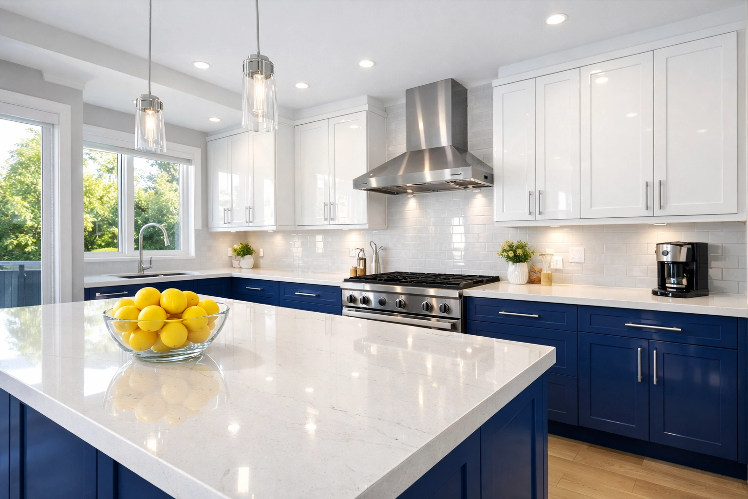 A bright, professionally cleaned luxury kitchen showcasing spotless cabinets and quartz countertops.