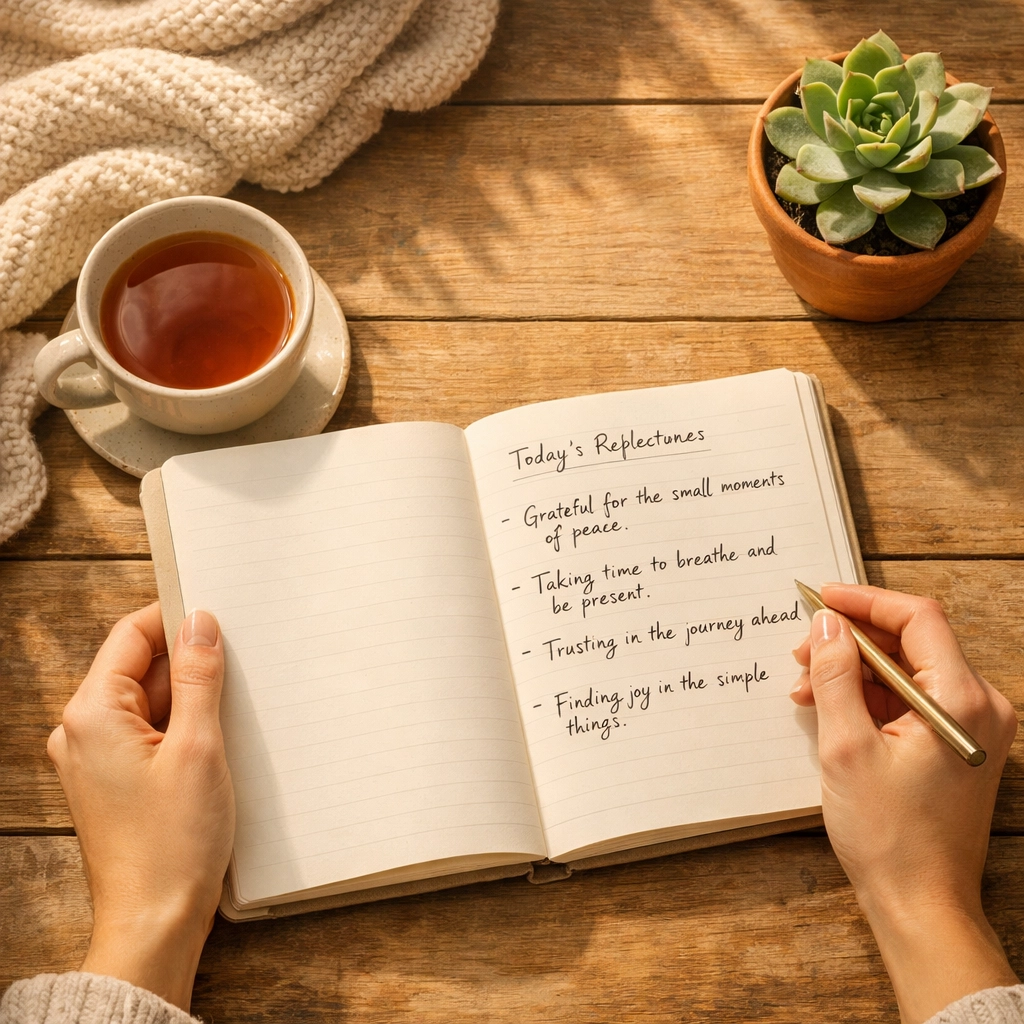 Woman journaling with tea identifying what drains her energy to set healthy boundaries