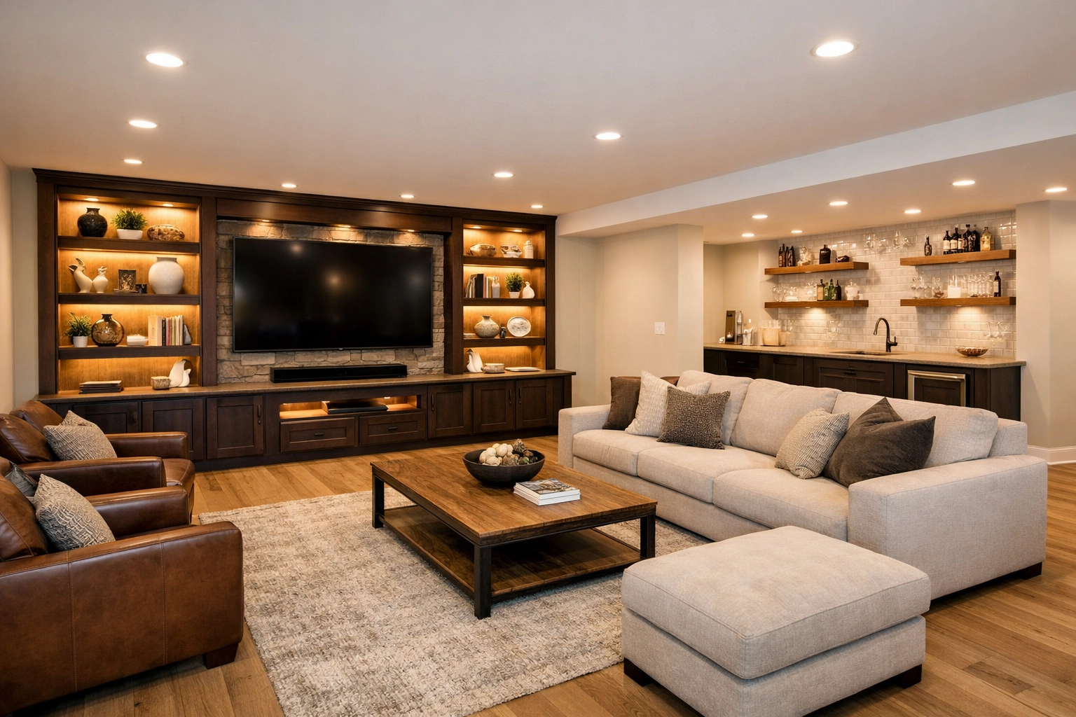 Finished luxury basement remodel in Central Ohio featuring high-end lounge and custom entertainment unit.